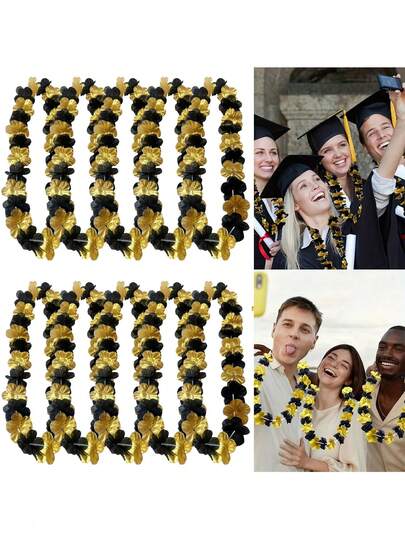6/3pcs Graduation Season Black & Gold Hawaiian Flower Wreath Set, Graduation Party Decor Wreath, Graduation Ceremony Decor, Graduation Souvenir Wreath, Graduation Photo Prop, Graduation Gift, Graduation Atmosphere Decor, Back To School Event Small Gift