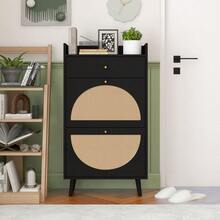 Shoe Cabinet With Two Doors And One Drawer / Rattan-Look Shoe Cabinet / Interchangeable Semi-Circular Doors / The Top Shelf Can Hold Up To 10 Kg / Suitable For Hallways, Entryways And Similar Areas - Hitam - View 1