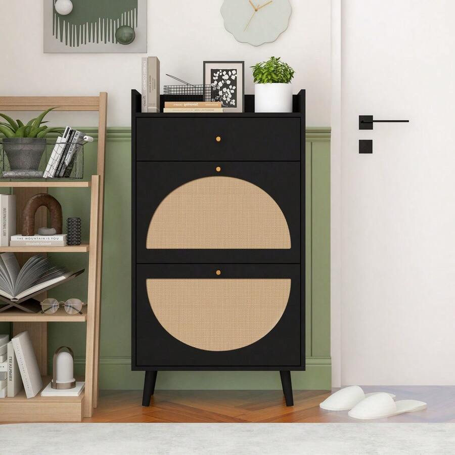 Shoe Cabinet With Two Doors And One Drawer / Rattan-Look Shoe Cabinet / Interchangeable Semi-Circular Doors / The Top Shelf Can Hold Up To 10 Kg / Suitable For Hallways, Entryways And Similar Areas - Hitam - View 1