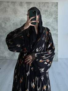 Hafizah Women's Bohemian Style Lace Trim Open Front Long Robe, Elegant Cardigan Black Vacation - Black - View 5