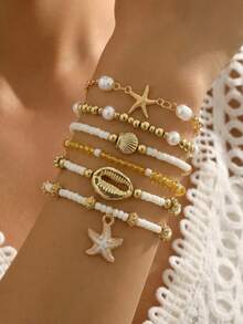 Bộ 6 vòng tay đính hạt giả vỏ sò và sao biển, thích hợp cho phụ nữ đi nghỉ mát ở biển. - Nhiều màu - Xem 1