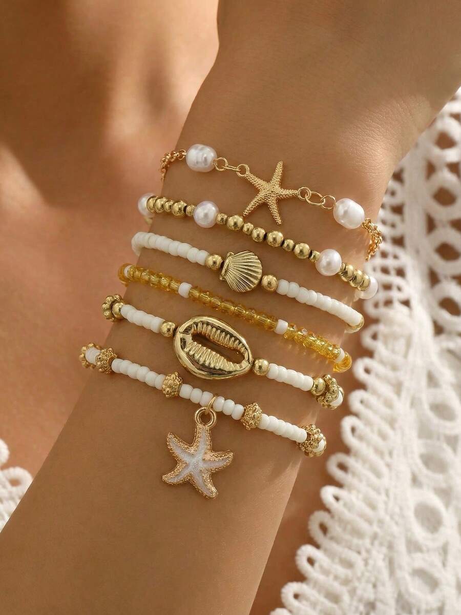 Bộ 6 vòng tay đính hạt giả vỏ sò và sao biển, thích hợp cho phụ nữ đi nghỉ mát ở biển. - Nhiều màu - Xem 1