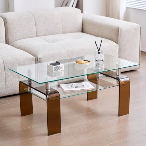 Clear Tempered Glass Coffee Table Living Room Tea Table With Brown Glass Leg - 白色 - 查看 1