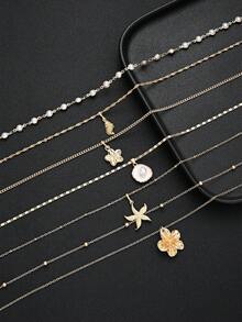 6 pièces Ensemble de colliers Y élégants et à la mode de style bohème de plage avec faux coquillages, étoiles de mer et croix ornés de strass colorés. Convient pour la plage, les fêtes, les voyages et le port quotidien. Nouvelle combinaison polyvalente - Jaune d'or 2 - Voir 3