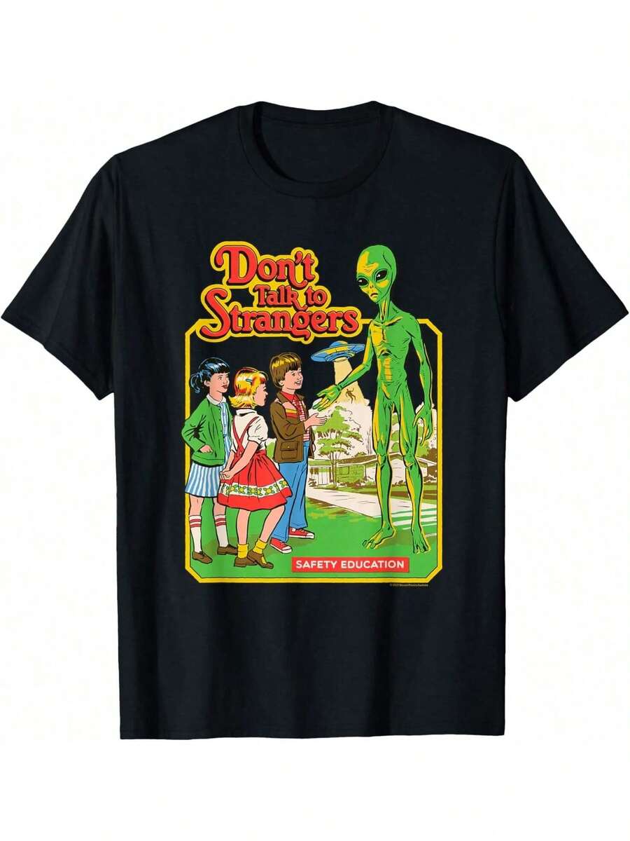 Don't Talk To Strangers Alien Retro Dark Humor T-Shirt - Black - View 1