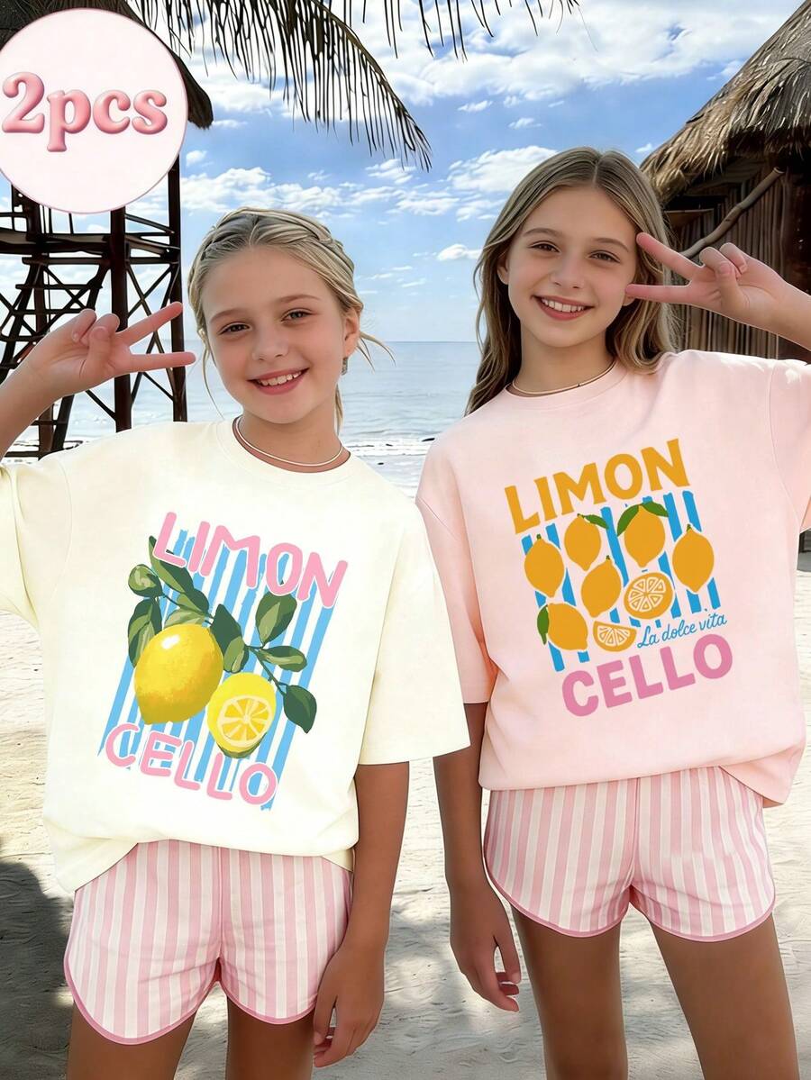 2 pièces/set T-shirt à manches courtes avec imprimé citron pour préadolescentes, convient pour tenue assortie de sœurs/meilleures amies préadolescentes, vêtements d'été - Multicolore - Voir 1