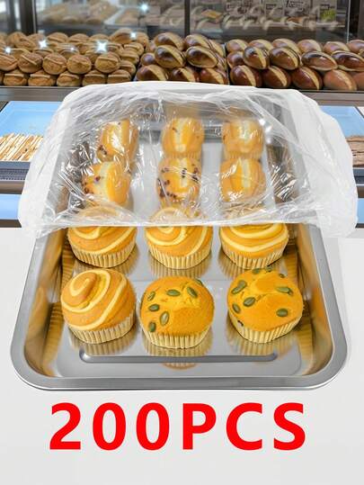 200pcs Large Transparent Food Preservation Film Covers, Food Tray Preservation Film Covers, Kitchen Food Covers, Plastic Bags, Food Storage Bags, Bread Covers, White Food Covers, Plastic Packaging Film, PE Preservation Film Bags, Kitchen Storage, Household Plastic Packaging