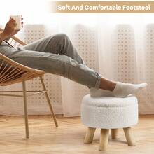 Small Round Ottoman Foot Rest Stool Fabric Padded Seat Footstool Ottoman With Anti-Slip Wooden Legs - 米色 - 查看 6