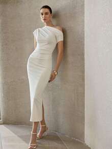 PREMIUM WOMEN'S APRICOT ASYMMETRICAL SHOULDER WAIST CINCHED ELEGANT MID-LENGTH DRESS - 杏色 - 查看 4