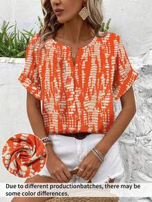 Women's Summer Casual V-Neck Short Sleeve Allover Print Shirt, American Vintage Texture Print Shirt, Vacation Style Flattering Versatile Design - Orange - View 6