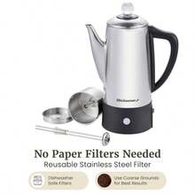 Elite Gourmet EC140 Percolador de café eléctrico de 6 tazas con mantener el calor perilla de progreso de cerveza transparente con mango de tacto frío sin cable servicio de acero inoxidable - Acero inoxidable - Ver 5