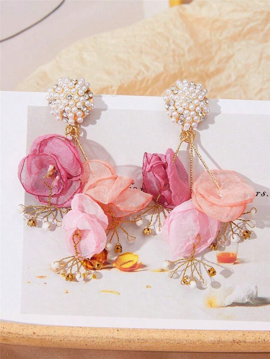 1pair Fashionable Vacation Style Handmade Wavy Cloth & Faux Pearl Decor Flower Earrings For Women, Suitable For Daily Wear And Vacation Valentines,Mom,Mother,Mother's Day,Gift - 彩色 - 查看 1