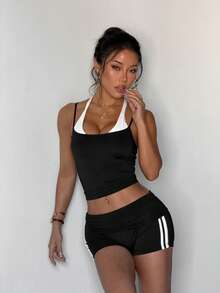 High Waist Tight Fit Contrast Color Sports Yoga Shorts, Butt Lifting, Casual Cute Everyday Wear - Black - View 6