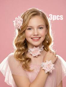 3pcs/Set Flower Hair Clip + Wrist Flower + Flower Necklace, Suitable For Teenage Girls, Wedding Ceremony, Party, Photo Booth Props - Pink - View 4