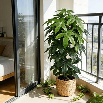A Plant Commonly Known As The "Money Tree", With The Scientific Name Pachira Aquatica, Featuring Green Stems And Vibrant Leaves. This Is A Must-Have Plant For Slouchy People. It Requires No Maintenance Or Pruning, Making It Very Suitable For Use In Stores, Outdoors, Farmhouses, And More. As A Housewarming Decoration And Front Door Decor, It Is Perfect For Home Decoration (No Need For A Planter).