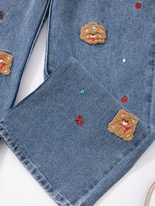 女童直筒牛仔裤，饰有动物刺绣，时尚百搭 - 藍色 - 查看 4