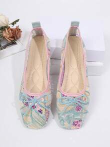 New Chinese Style Colorful Sequined Lace Square-Toe Flat Shoes For Women With Bow, Breathable And Retro Style, Perfect For Summer.,Ballet Flats - Multicolor - View 4