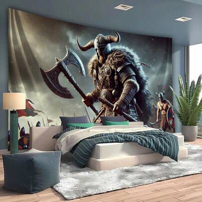 3D Viking Warrior Preparing To Attack Wall Hanging Tapestry, Large Size, Office Building Background, Holiday Gift, Suitable For Living Room, Bedroom, Dorm, Home Party Decor, Outdoor Celebration