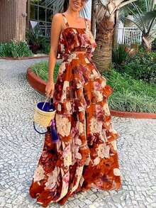 Spring/Summer New Floral Print 2-Piece Set, Ruffled Camisole Top And Maxi Skirt, Bohemian Beach Vacation Casual Outfit For Women - Coral Orange - View 1