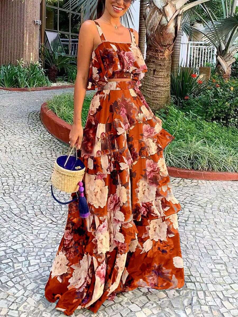 Spring/Summer New Floral Print 2-Piece Set, Ruffled Camisole Top And Maxi Skirt, Bohemian Beach Vacation Casual Outfit For Women - Coral Orange - View 1