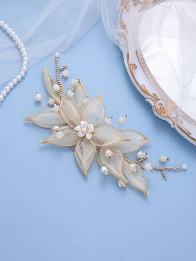 Women's Champagne Fabric Flower & Pearl Hair Comb, Handmade Bridal Hair Clip, Elegant Retro Headpiece For Wedding, Prom, Party