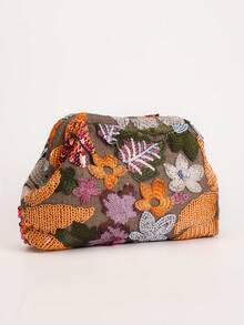 Tas Clutch Wanita Gaya Bohemian dengan Bordir Bunga dan Payet, Tas Malam Mewah Bermotif Acak Bergaya Vintage, Cocok untuk Liburan Musim Panas, Pernikahan, dan Pesta - Jeruk - View 4
