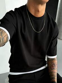 Camiseta de verano versátil y de moda para hombres, diseño de 2 en 1 con contraste de colores, cuello redondo regular, tela de punto transpirable, adecuada para uso diario - Blanco - Ver 10