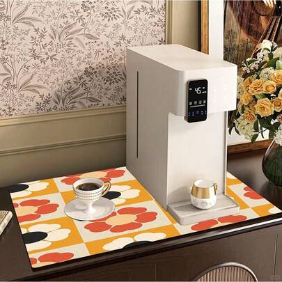 1pc Retro Checkerboard Floral Coffee Table Mat, Checkerboard Floral Warm Orange & Milky White, Highly Stain-Resistant, Anti-Slip, Heat-Resistant, Easy To Clean, Dual-Use Decor & Protective Mat For American Style Coffee Corner