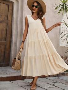 Soft Apricot Sleeveless V-Neck Ruched Waist A-Line Maxi Dress - Lightweight Flowy Tiered Beach Vacation Outfit Women Summer Local Warehouse Discounts. | Prom Dresses | Dresses For Women | Dresses | Summer Dresses For Women | Elegant Dresses For Women | Vestidos Elegantes De Mujer | Dresses For Women Summer | Formal Dresses | Satin Dresses | Elegant Dress | Satin Dresses - Apricot - View 3