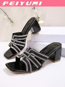 PEIYUMI Giày sandal cao gót hình chữ H đính đá cho nữ, phù hợp cho tiệc tùng, dạo phố, hộp đêm, đi làm, kiểu dáng thanh lịch và thời trang như nàng tiên. - màu đen - Xem 4