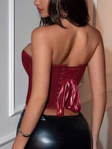 Y2K Streetwear Skeleton Bralette With Eye Ring Front Tie Back Open Design Women Crop Top, Suitable For Going Out, Party And Valentine's Day - Burgundy - View 2