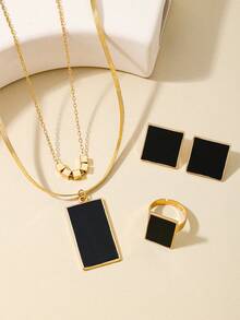 5pcs/Set Fashionable European And American Party Style Metal Geometric Black Square Stackable Earrings, Necklace, Ring Jewelry Set - Black - View 3