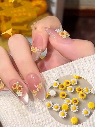 20-100pcs 3D Sunflower Daisy Nail Charms, Cute Resin Flower Nail Art Decorations, Yellow Floral Nail Accessories For Women DIY Manicure Supplies