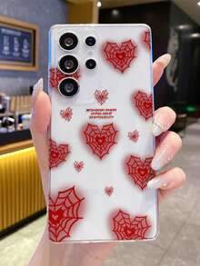 Y2K 红色爱心蜘蛛网印花透明手机壳，适用于三星 Galaxy S24/S25/S26 Ultra/17 Pro Max/16/15/14 Plus，防震保护套 - 彩色 - 查看 1