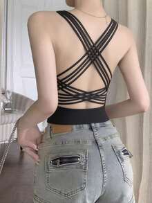 性感露背交叉紧身吊带背心，夏季叠穿背心，带胸垫 - 黑色 - 查看 5