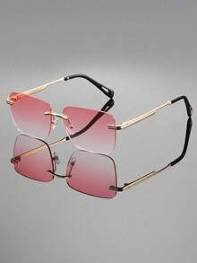 1 Pair Women's Square Metal Pink Tinted Fashion Sunglasses, Rimless Personalized Glasses, Summer Vacation Travel Beach Accessory - 粉色 - 查看 1