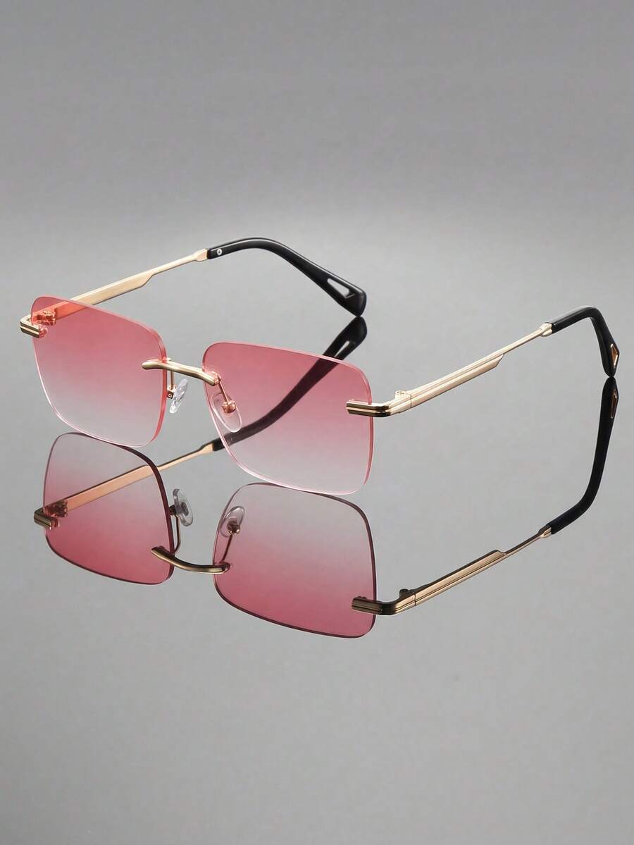 1 Pair Women's Square Metal Pink Tinted Fashion Sunglasses, Rimless Personalized Glasses, Summer Vacation Travel Beach Accessory - 粉色 - 查看 1