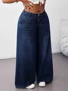 Plus Size Women Deep Blue Washed High Waist Wide Leg Jeans, Single Button Elastic Waist Distressed Texture Loose Casual Denim Pants Spring Fall - Dark Wash - View 6