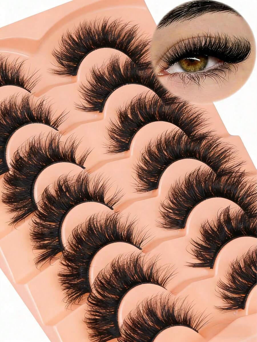 Mink Lashes False Eyelashes 18mm 3D Volume Cat Eye Lashes Faux Mink Eyelash Wispy Fake Eyelashes Thick Strips Lash Pack, 7 Pairs - Xem 1
