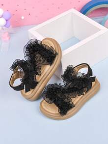 1 par de zapatos de verano con adorno de encaje para niñas pequeñas, sandalias planas de princesa para niños - Negro - Ver 6