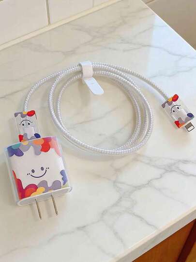 5件套可爱脸型彩色波点图案充电线保护套，硅胶理线器，透明TPU保护套，兼容苹果手机