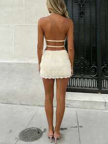 Awevudst Women's 2 Piece Beach Outfits Smocked Mini Skirt Set Casual Sleeveless Backless Ruched Halter Neck Tie Up Crop Top + Bodycon Short Mini Skirt Set For Cocktail Party Clubwear - 米色 - 查看 4