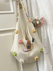 Bolso de hombro de gran capacidad, de estilo minimalista y versátil con estampado floral de punto, nuevo para el verano de 2026 - Beis - Ver 4