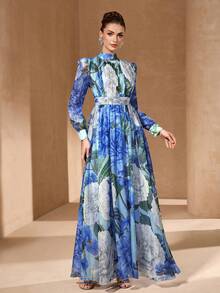 Elegantes Blumenprint Kleid mit hohem Kragen, Chiffon Puffärmel, geraffter Taillenentwurf, retro romantisches Blumen A-Linien Maxikleid, geeignet für den Urlaub - Verschiedenfarbig - Übersicht 4