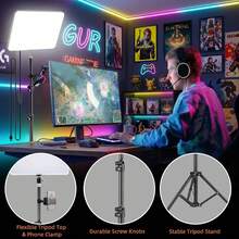 This 10-Inch LED Video Photography Lighting Kit Includes A 63-Inch Adjustable Tripod, A 10-Inch Square LED Fill Light, A Phone Holder, And An Adjustable Metal Ball Head. It Features Three Adjustable Colors, USB Power, And Is Suitable For Home Video Recording, Live Streaming, Travel Photography, And Indoor Photography. It Is Compatible With All Mobile Phones. - Black - View 6
