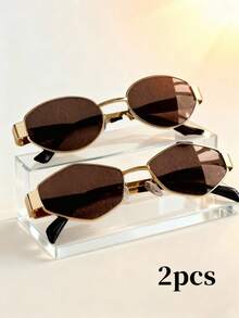2 Pairs Summer Fashion Glasses Set, Retro Oval Metal Frame Unisex Decorative Glasses For Street Photography, Commuting, Daily Wear - Diamond-shaped Golden Tea + Round Golden Tea - View 7