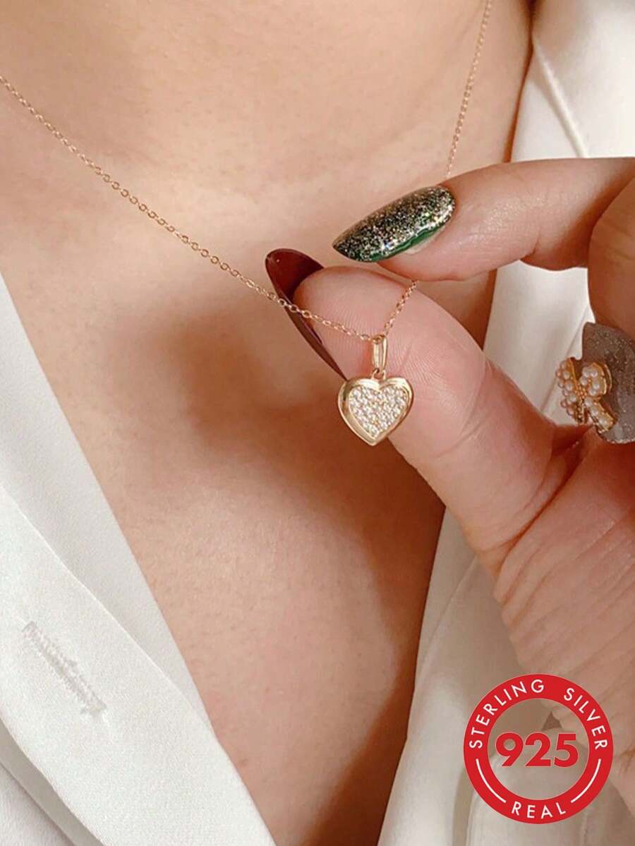 BALMORA 1 chiếc dây chuyền mặt dây chuyền hình trái tim lấp lánh bằng bạc Sterling 925, trang sức cao cấp, thích hợp đeo hàng ngày, làm quà tặng tình bạn, đôi hoặc dự tiệc. - Vàng - Xem 1