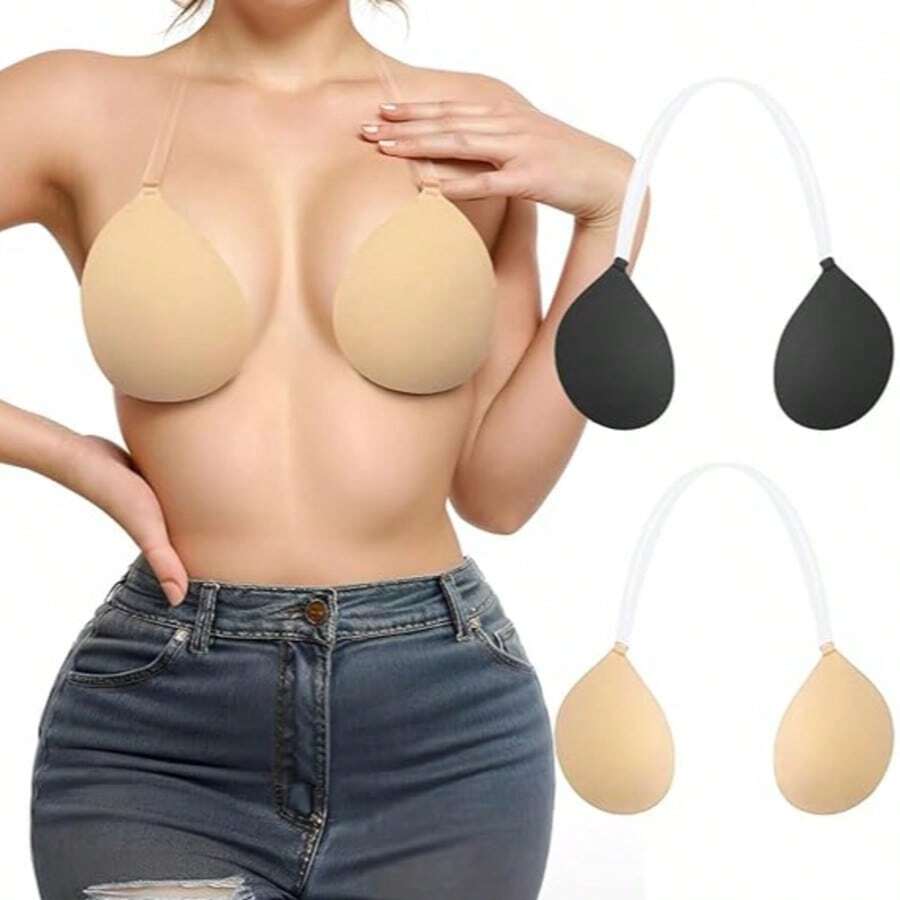 Áo lót không đường may, nâng đỡ với dây đeo trong suốt có thể điều chỉnh, được thiết kế cho áo hai dây và váy hở lưng, phù hợp cho phụ nữ và cô dâu, áo lót tròn có đệm, hoàn hảo cho váy dự tiệc cưới, phụ kiện áo lót nâng ngực không đường may, phụ kiện áo lót nữ. - kiểu cổ yếm - Xem 1