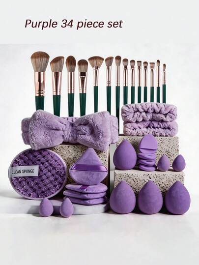 Bộ cọ trang điểm 34 món đầy đủ, kèm băng đô, miếng lau, cọ trang điểm chuyên nghiệp lông tổng hợp mềm mại dùng cho phấn mắt và kem nền, bộ vệ sinh 20 món, phù hợp cho người mới bắt đầu và chuyên gia trang điểm toàn mặt, món quà lý tưởng cho phụ nữ.