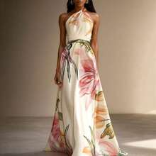 Ladies' One Shoulder White Floral Print Medium Length Dress With Belt | Elegant Beach Wedding Attire, Sleeveless, Asymmetrical Collar, Perfect For Spring And Autumn Seasons - Màu be - Xem 7